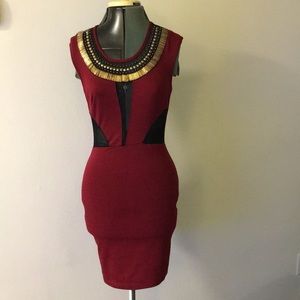 Burgundy fitted mini dress with beaded neck